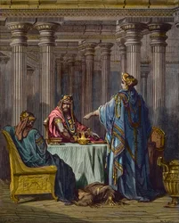 Esther accusing Haman (biblical scenes, wood engraving by Gustave Dore - later colouring)
