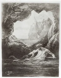 Gilliatt struggles with the giant octopus, illustration from 