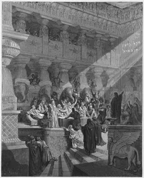 Daniel interpreting the writing on the wall (Gustave Dore Bible)