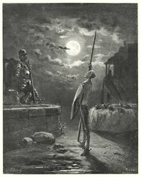 Don Quixote: "He began to walk about by the horse-trough with a graceful deportment" (engraving)