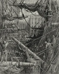 In the London Docks. Engraving: Gustave Doré. From: "London - A Pilgrimage", text by W. B. Jerrold, engraved by C. Maurant, 1872.