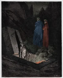 Inferno, Canto 10: Farinata degli Uberti addresses Dante, illustration from “The Divine Comedy” by Dante Alighieri, 1885