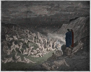 Inferno, Canto 14: The violent, tormented in the rain of fire, illustration from 