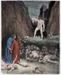 Inferno, Canto 28: The severed head of Bertran de Born speaks to Dante, illustration from 