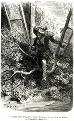 Jacquemin Lampourde, the gun in his hand, came at a point in the battle. Engraving by Gustave Dore illustrating the picaresque novel of cape and epee by Theophile Gautier 