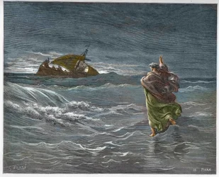 Jesus walking on the waters of Lake Tiberias - engraving in 