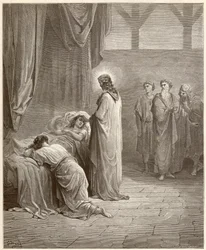 Miracle: Jesus Christ healed the daughter of Jairus. Engraving from the Bible illustrated by Gustave Doré (1832-1883)