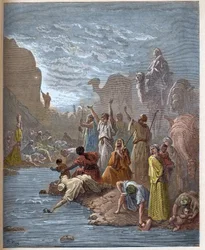 Moses brings forth water from the rock - Book of Exodus (Bible) - engraving in The Bible illustree by Gustave Dore - Engraving from The Dore Bible