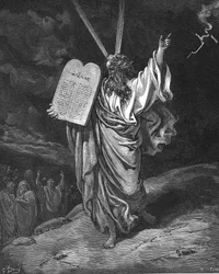 Moses descending from Mount Sinai with the tablets of the law (Ten Commandments). Exodus 5.35. Illustration by Gustave Doré (1832-1883) for The Bible (London 1866). Wood engraving.