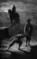 Night duel in the moonlight between Baron de Sigognac and Jacquemin Lampourde (engraving by Gustave Dore)