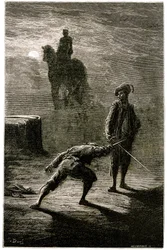 Night Duel in the Moonlight Between Baron de Sigognac and Jacquemin Lampourde, Under the Equestrian Statue of the King of Bronze. Engraving by Gustave Dore Illustrating Theophile Gautier