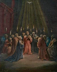 Pentecost, the descent of the Holy Spirit, engraving by Gustave Doré (1832-1883), later colouring
