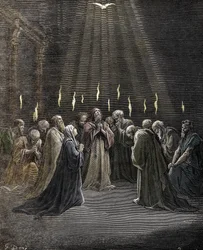 Pentecost, descent of the Holy Spirit upon the Apostles and other followers of Jesus Christ. Engraving by Gustave Doré (1832-1883) from “La Bible”. Private collection