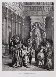 Queen Esther faints before the King, Illustration from the Dore Bible