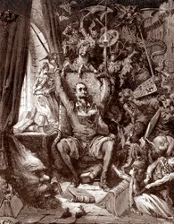 Depiction of Don Quixote in his library, surrounded by the creatures of his books. Engraving by Gustave Doré (1832-1883) for “The Ingenious Hidalgo Don Quixote of La Mancha (Quixote - Quijote)” by Miguel de Cervantes (1547-1616), 1863, private collection