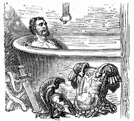 Roman soldier bathing at the thermal baths of Bagneres de Bigorre: engraving by Gustave Dore illustrating the book "Voyage aux Pyrenees" by Hippolyte Taine, Hachette 1860