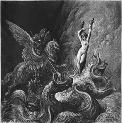 Ruggiero Rescuing Angelica, illustration from Canto X of “Orlando Furioso” by Ludovico Ariosto (1474-1533), published 1888, Paris