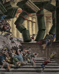 Samson bringing down the Temple of Dagon, engraving by Gustave Doré (1832-1883)