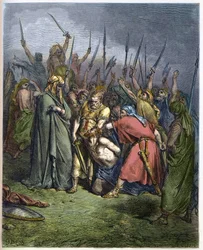 Samuel kills Agag - The decapitation of Agag, King of the Amalekites, by the prophet Samuel - engraving in “The Illustrated Bible” by Gustave Doré (1832-1883) - engraving from “The Doré Bible”
