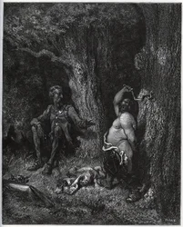 Sancho Panza flies in front of Don Quixote in order to fulfill Merlin