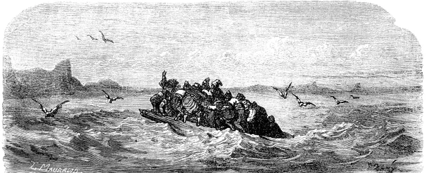 Sindbad the sailor (Sinbad) - tale of the thousand and one (1001) nights - illustration by Gustave Dore - edition Maxwell 1865 - Third voyage: Sindbad and his companions sail aboard a raft