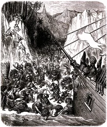 Sindbad the Sailor (Sinbad) - Tale of the Thousand and One (1001) Nights - Illustration by Gustave Dore - Third Voyage: A Tempest Throws the Ship of Sindbad and His Companions on an Island Where They Are Assaulted by a Multitude of Tiny and Hideous Beings