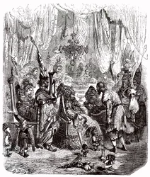 Sindbad the sailor (Sinbad) - tale of the thousand and one (1001) nights - illustration by Gustave Dore - Maxwell edition 1865 - Prologue: a poor bearer (Hinbad) presents himself before Sindbad, who has become old and rich. The latter will tell his adventu