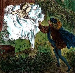 Sleeping Beauty, Prince Charming Approaches the Beautiful Sleeping Princess. Engraving by Gustave Dore for "Les Contes" by Charles Perrault