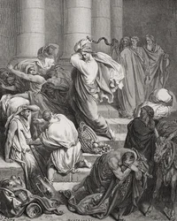 The Buyers and Sellers Driven Out of the Temple, Luke 19:45-46, illustration from Dore