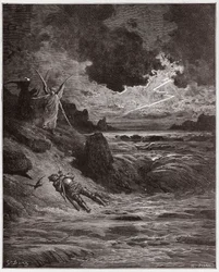 The Divine Comedy, Purgatorio, Canto 5: The body of Buonconte da Montefeltro in the Arno - by Dante Alighieri - Illustration by Gustave Doré