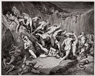 The Divine Comedy, Inferno, Canto 24: The thieves tormented by serpents (Illustration by Gustave Dore)
