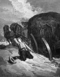 The Fables de Jean La Fontaine: the chartier embourbe (carter stuck in the mud) (engraving by Paul Jonnard-Pacel after Gustave Dore)