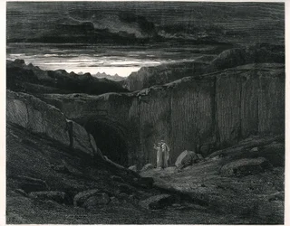 The Hell of Dante Alighieri (the Divine Comedy) illustrated by Gustave Dore. French edition of 1861. Dante and Virgil at the entrance of Hell: "Lasciate ogni speranza, voi che 