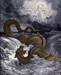 The Leviathan, sea monster resembling the sea snake referred to in the Bible. Illustrations of the Bible by Gustave Doré. Engraving of the 19th century.