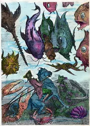 The Baron on His Horse Crosses Fish in the Seabed. Scene from "The Adventures of the Baron de Munchausen" by Rudolph Erich Raspe, Illustration by Gustave Dore