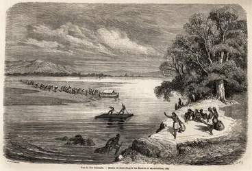 The crossing of the Colorado River by raft, accompanied by some Mohaves Indians