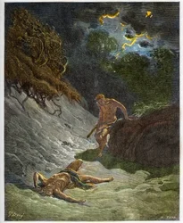 The death of Abel - Murder of Abel by Cain - Engraving in “The Illustrated Bible” by Gustave Doré (1832-1883) - Engraving from “The Doré Bible”