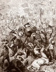 The fight against the muleteers of Yanguas Engraving by Gustave Dore (1832-1883) for “The Ingenious Hidalgo Don Quixote de la Mancha” by Miguel de Cervantes (1547-1616) 1863 Private collection