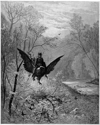The Hippogriff, ridden by the knight Ruggiero (Roger, Ruggero), arrives in a laughing region - Engraving by Gustave Doré illustrating “The Furious Roland” by Ludovico Ariosto (1474-1533), known as Ariosto - Hippogriff, illustration by Gustave Doré for