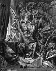 The reading of Don Quixote (Quixote or Qijote). Engraving by Gustave Doré illustrating the 1869 Hachette edition of the book “The Ingenious Gentleman Don Quixote of La Mancha” (Mancha) by Miguel de Cervantes Saavedra, translated by Louis Viardot, 370