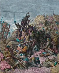 The siege of Ptolemais during the Third Crusade 1189 - engraving by Gustave Doré from History of the Crusades by Joseph-François Michaud - The siege of Saint-Jean-d’Acre (Israel), in 1191. During the 3rd Crusade, soldiers in armour surround the fortified