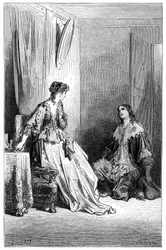Vallombreuse kneels before Isabelle, whom he is in love with. Engraving by Gustave Dore illustrating Theophile Gautier