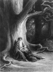 Wizard Merlin and the fairy Vivien in the forest of Brocéliande. After the poem “Vivien” by Alfred Tennyson (published by Hachette, Paris, 1868)