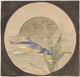 Design for a Plate with Three Blue-Yellow Fish Swimming Downwards near a Water Plant