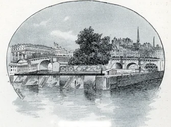 View of the lock of the Monnaie, in front of the Hotel des Monnaie in Paris. Drawing by Gustave Fraipont from 