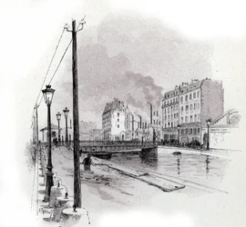 View of the swinging bridge of Quai de Valmy on the Canal Saint Martin, Paris