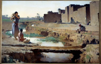 Orientalism: “La Seguia near Biskra” - Woman and child taking water at the river in an oasis in the Algerian desert. 1884. 1 x 1.5 m, Paris, Musée d