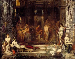 The Daughters of Thespius. King Thespios had fifty daughters whom he wanted to unite with Heracles (Hercules), represented at the centre, so that they all had a child by him. Painting by Gustave Moreau (1826-1898). Dimensions 2,5 x 2,5 m. Paris, Musée