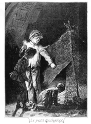 Gavroche and His Two Brothers in the Bastille Elephant, illustration from Les Misérables (1845-62) by Victor Hugo (1802-85), c. 1885