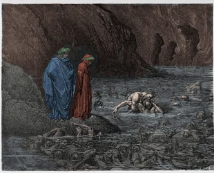 Inferno, Canto 32: Ugolino Gnaws Upon the Head of Archbishop Ruggieri, Illustration from The Divine Comedy by Dante Alighieri, 1885